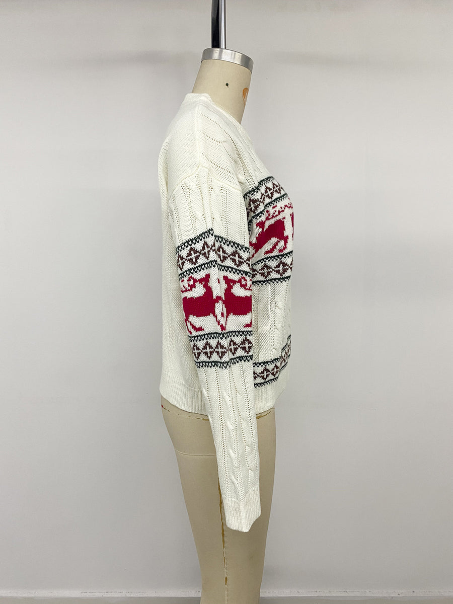 Christmas Reindeer Cable Knit Sweater in Beige with cable-knit