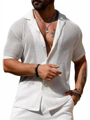 White open-knit resort shirt with camp collar and short sleeves