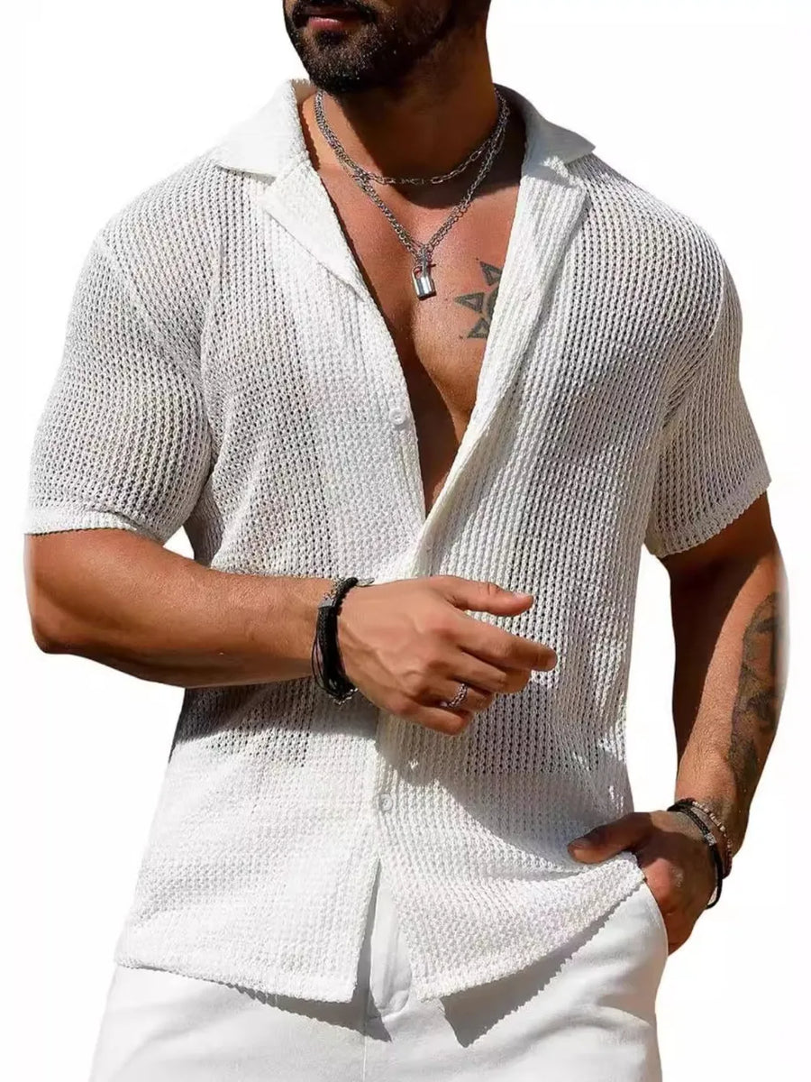 White open-knit resort shirt with camp collar and short sleeves
