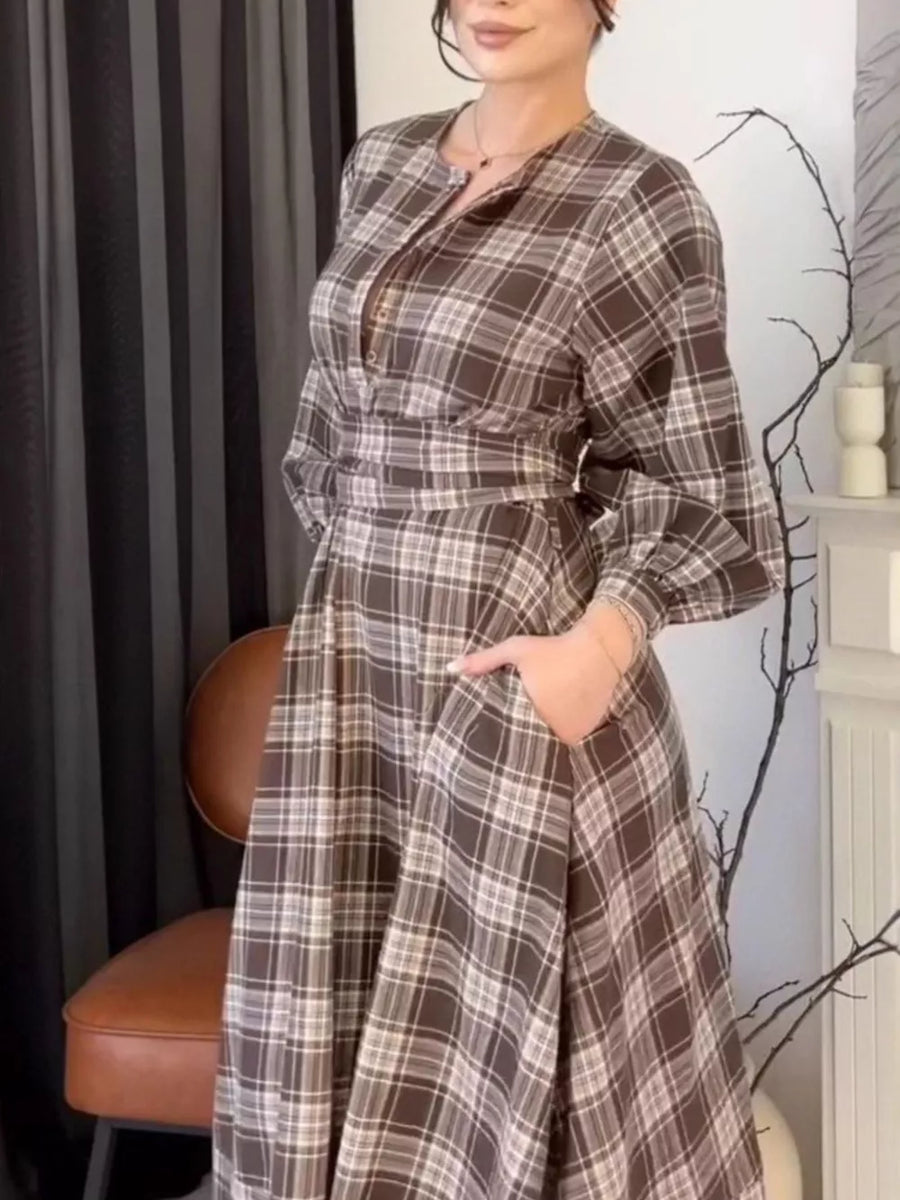 khaki midi dress featuring buttoned and plaid
