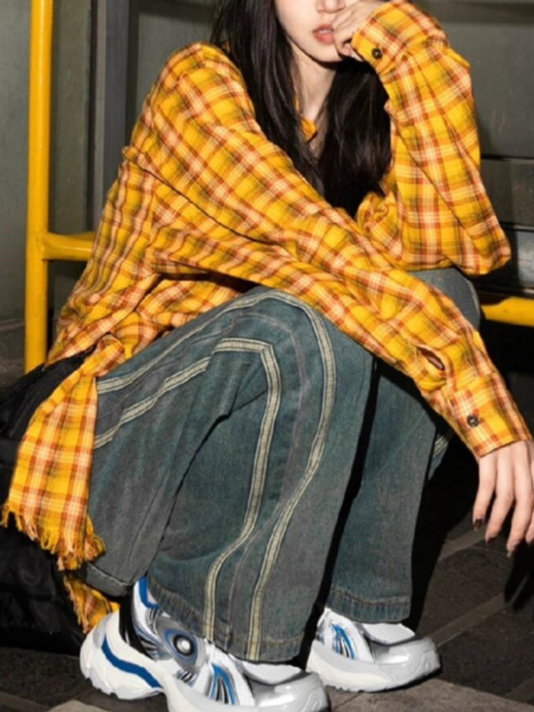 yellow button-up shirt with plaid and collared