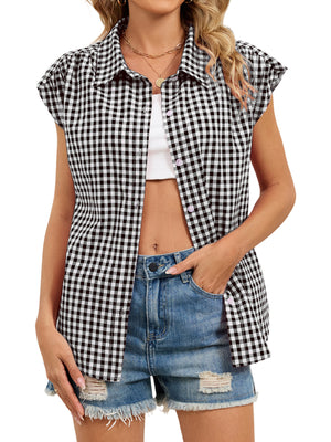 Plaid Button Up Cap Sleeve Shirt in Blue, view 15
