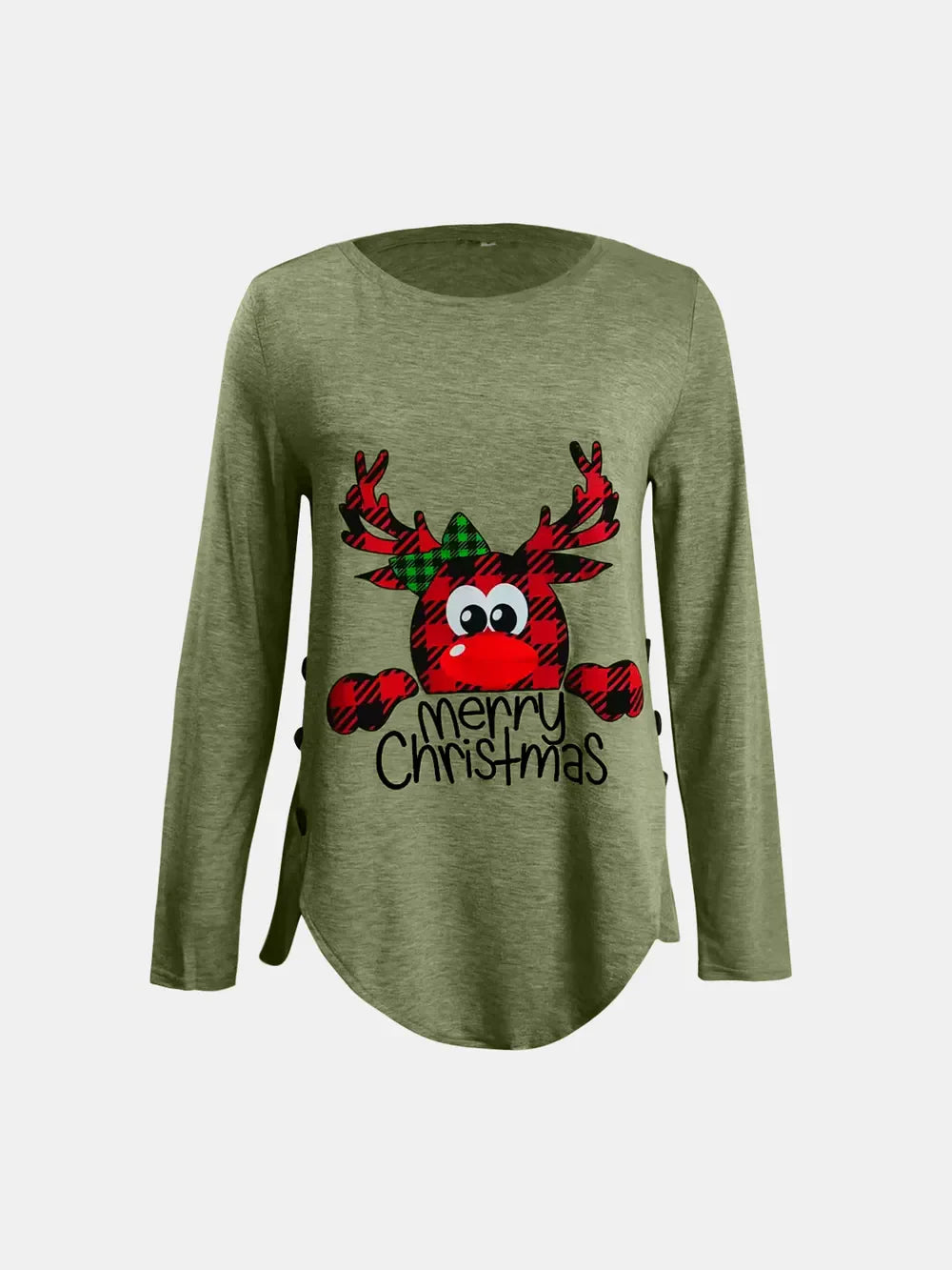 Matcha green long sleeve tee with asymmetrical button detail and reindeer graphic.