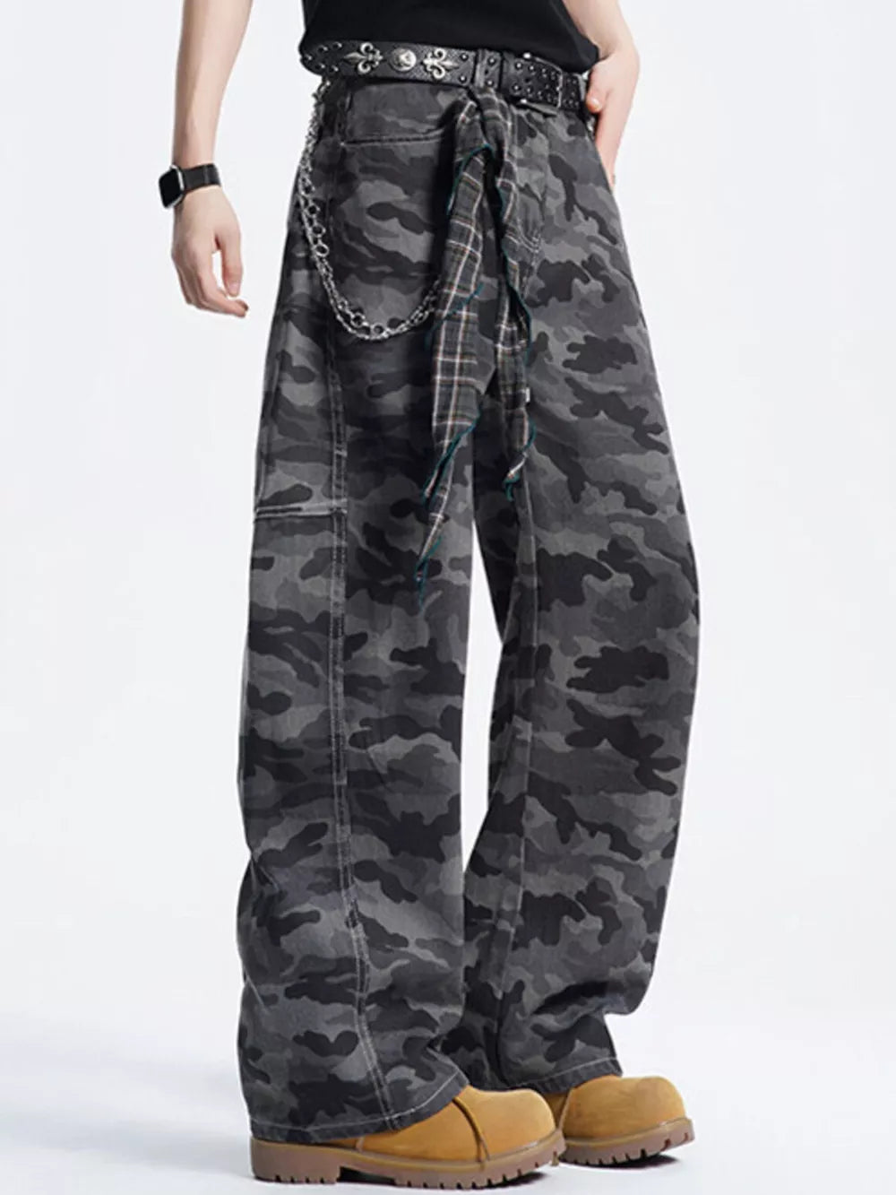 Men's relaxed fit dark grey camouflage cargo pants with chain detail and plaid tie.