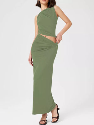 Dark Brown with Asymmetrical Ruched Knit Top And Skirt Set