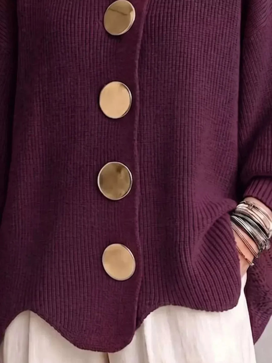 Gold Button Lantern Sleeve Cardigan Plus Size in Dark Gray