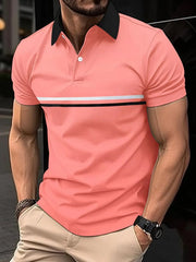 Coral polo shirt with black collar and contrast stripe detail