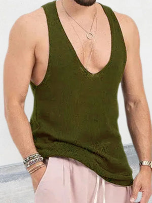 Army green knit tank top for him with deep V-neck