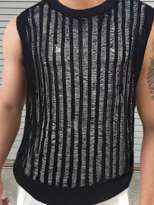 Black textured stripe knit tank top with a crew neck and sleeveless design.