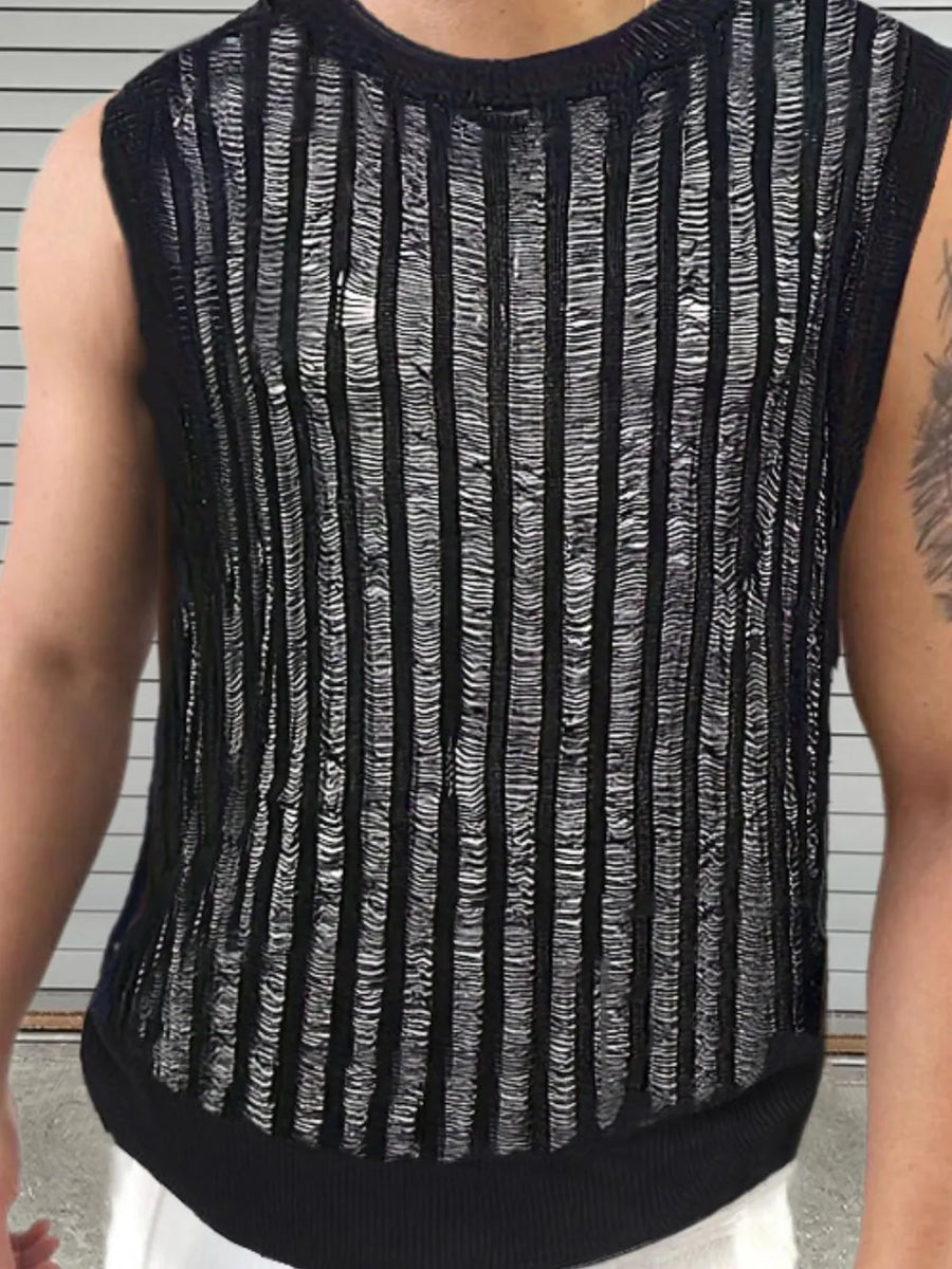 Black textured stripe knit tank top with a crew neck and sleeveless design.