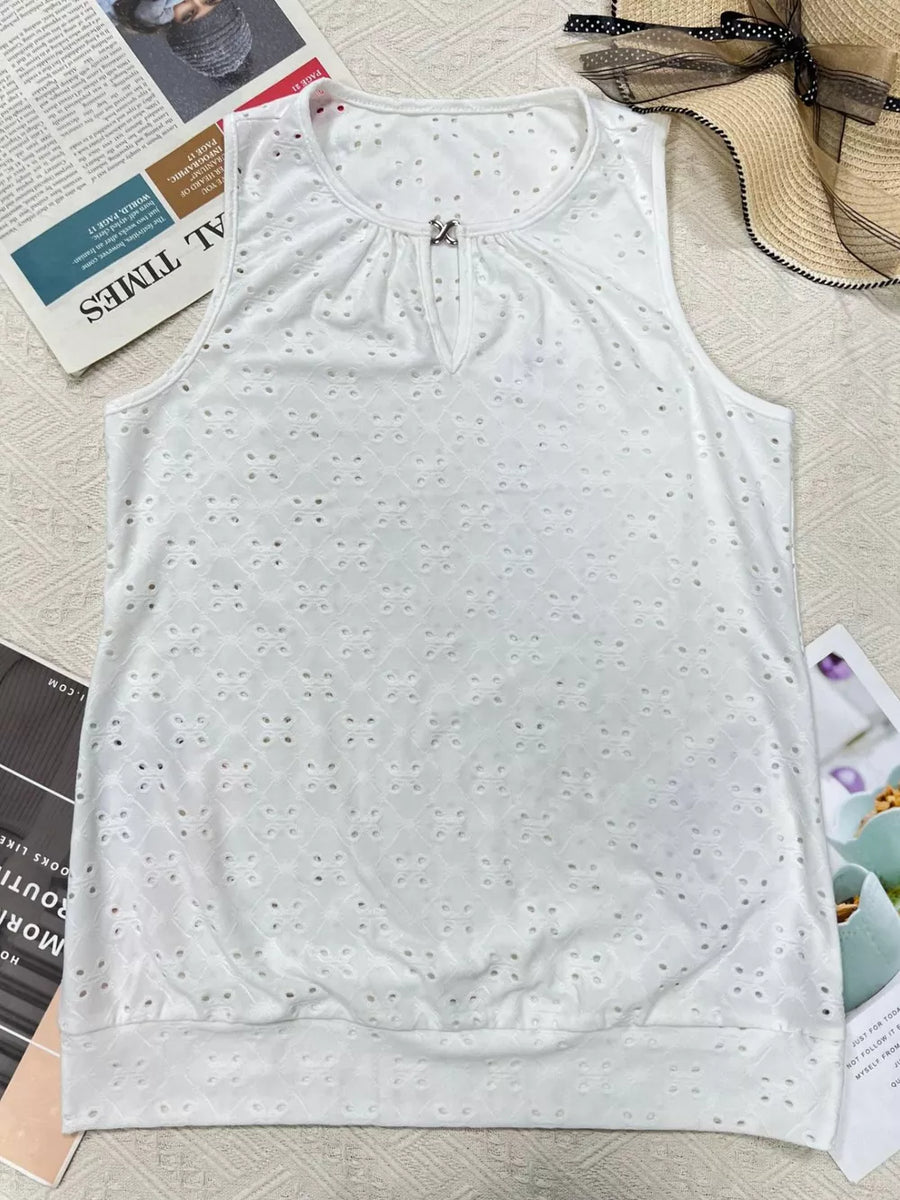 White eyelet cami tank top with keyhole detail and silver clasp