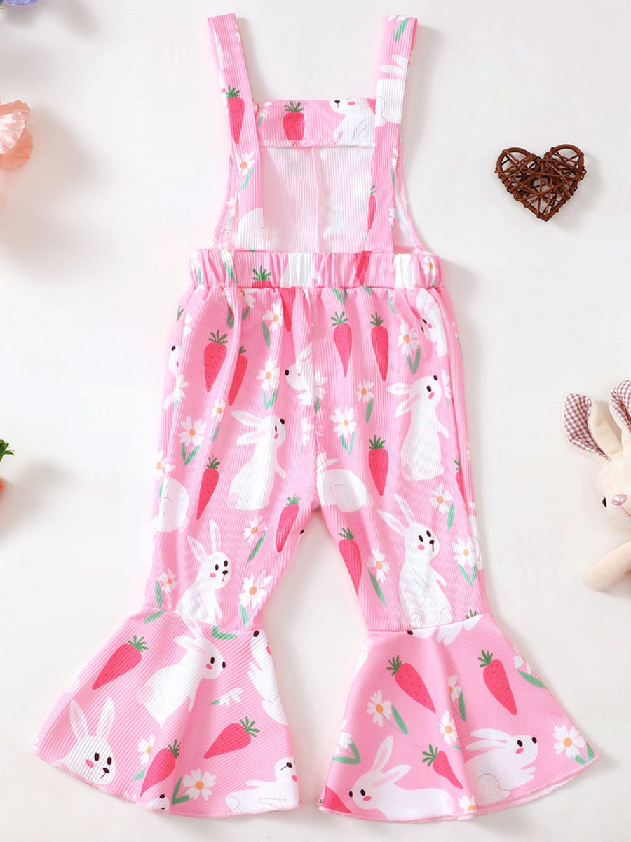 Pink baby overalls with adjustable straps, flare legs, and a playful bunny and carrot print.