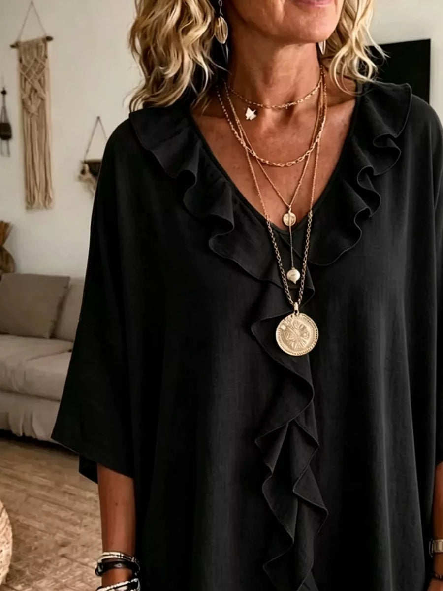 Brown Full Size Ruffle V-neck 3/4 Sleeve Blouse Plus Size