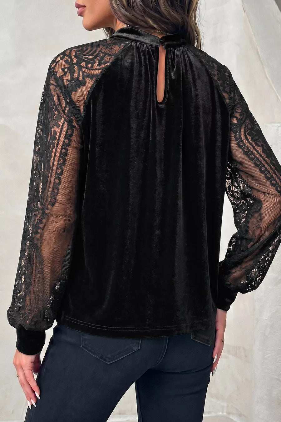 Solid Sheer Lace Velvet Blouse option 6
