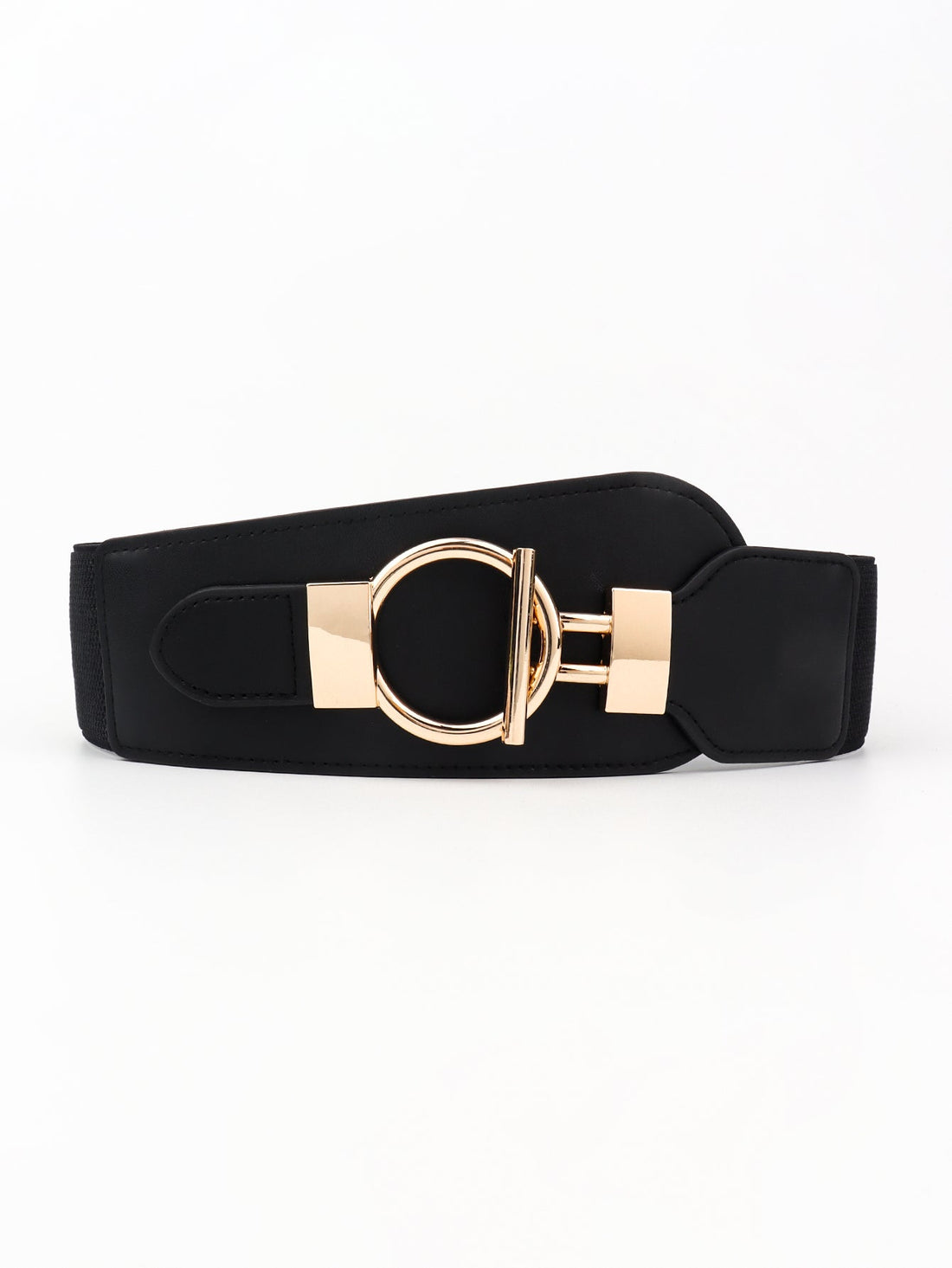 Black elastic belt with a gold circular buckle and hardware detail