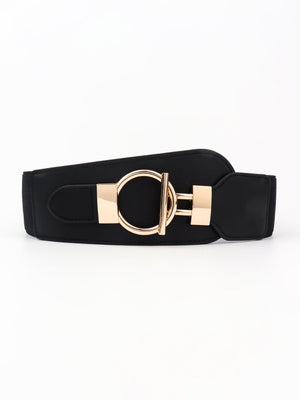 Black elastic belt with a gold circular buckle and hardware detail