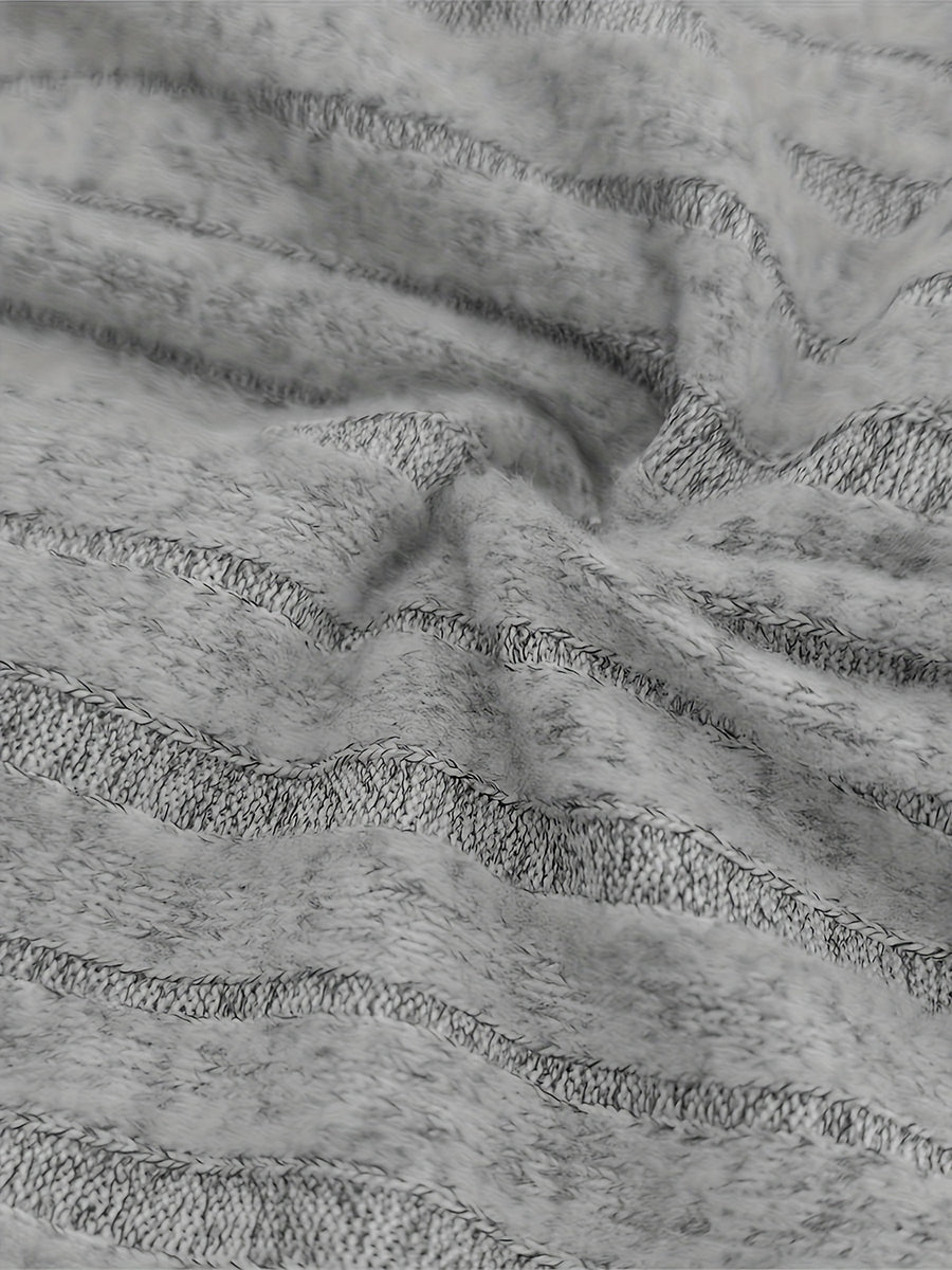Gray ribbed cowl neck sweater with button cuffs and textured knit detail.