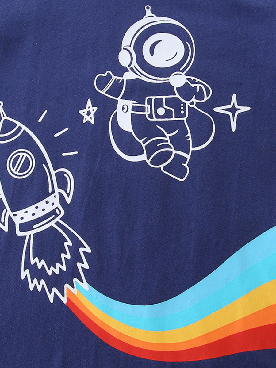 Navy cotton tee with white astronaut and rocket print, rainbow detail