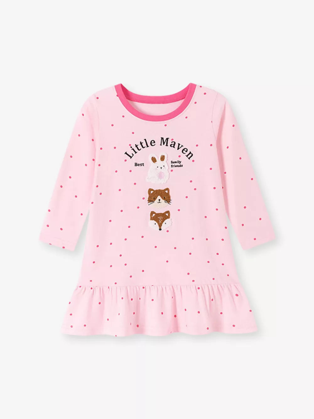 fuchsia t-shirt dress featuring ruffled hem and polka dot