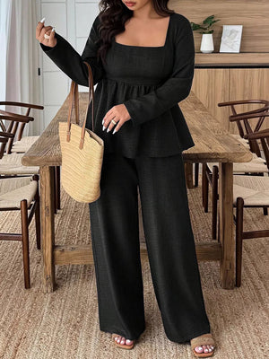 Black ruched square neck peplum top and wide-leg pants set