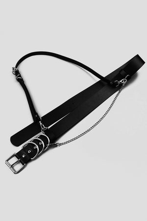 Black PU leather harness belt with silver chain detail and multiple rings