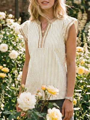 Vertical stripe blouse with ruffle sleeves and V-neck in tan and white.