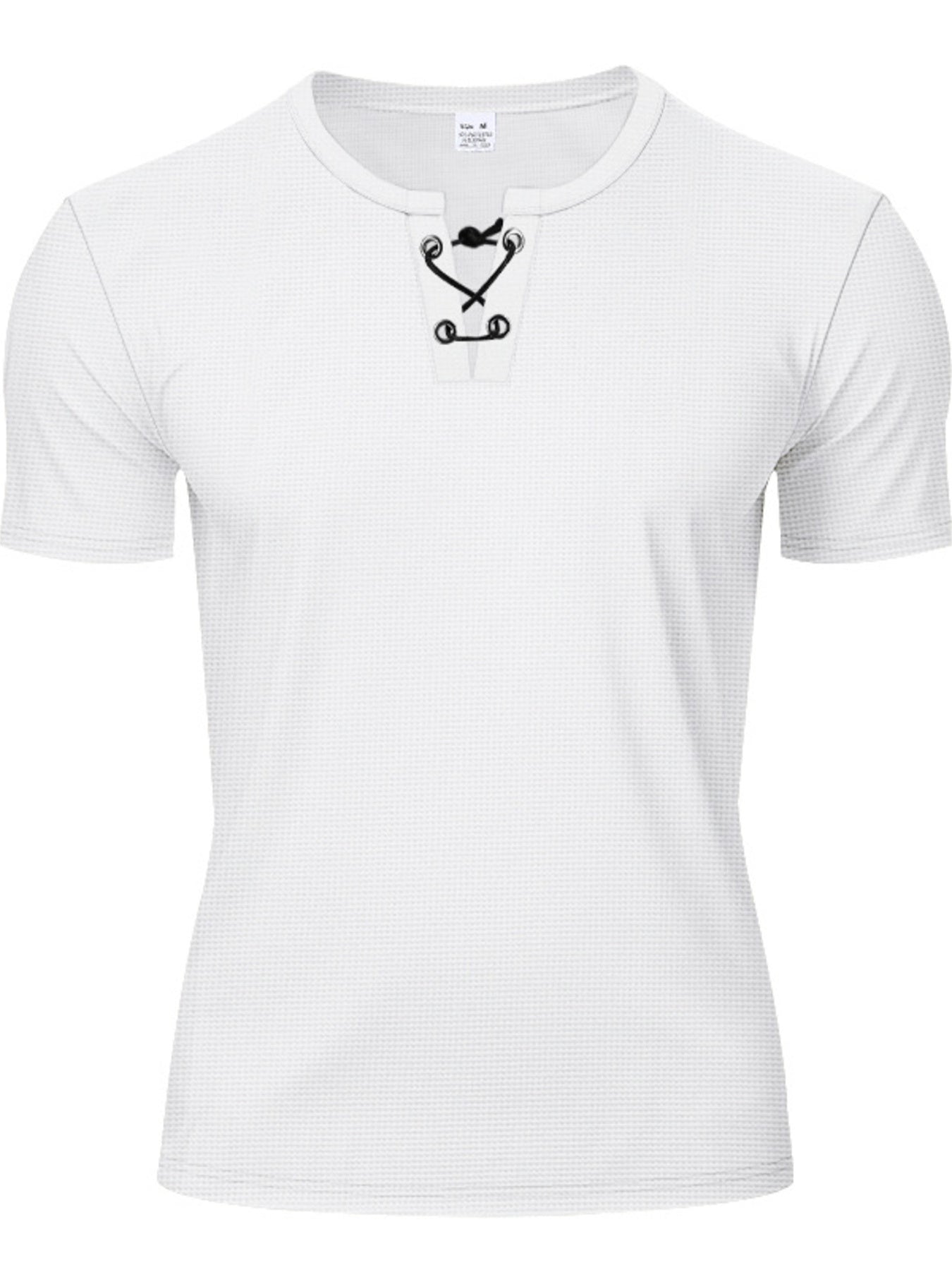 White cotton t-shirt for men with V-neck and black lace-up detail.