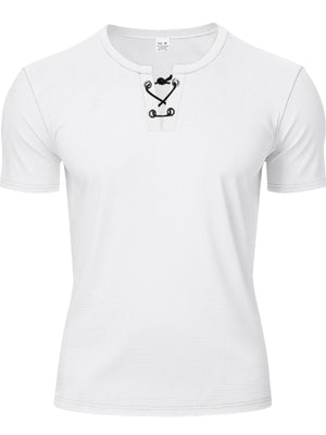 White cotton t-shirt for men with V-neck and black lace-up detail.