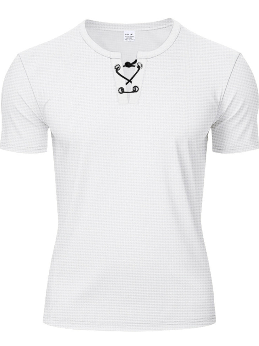 White cotton t-shirt for men with V-neck and black lace-up detail.