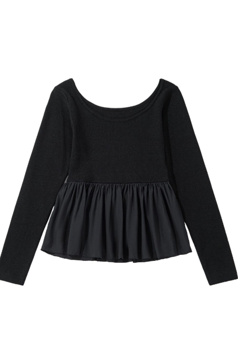 Black ribbed bodice peplum top with long sleeves and a scoop neck.