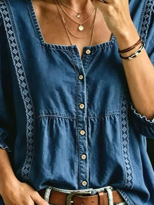 bohemian button-down shirt in Navy with square neck
