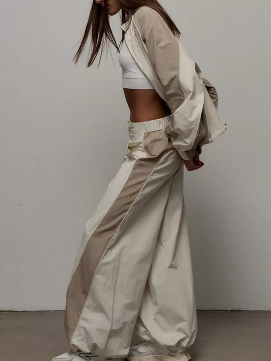 Grey with Color Block Zip Up Outerwear And Pants Set