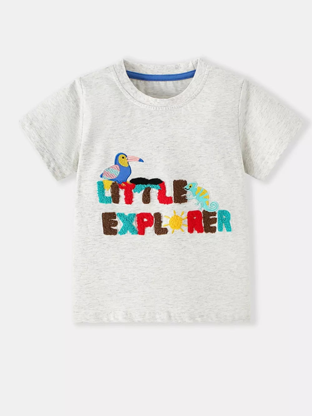 Little Explorer graphic toddler t-shirt in heather grey cotton with embroidered toucan and chameleon.