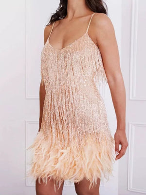 Sparkly fringe slip dress with feather trim.