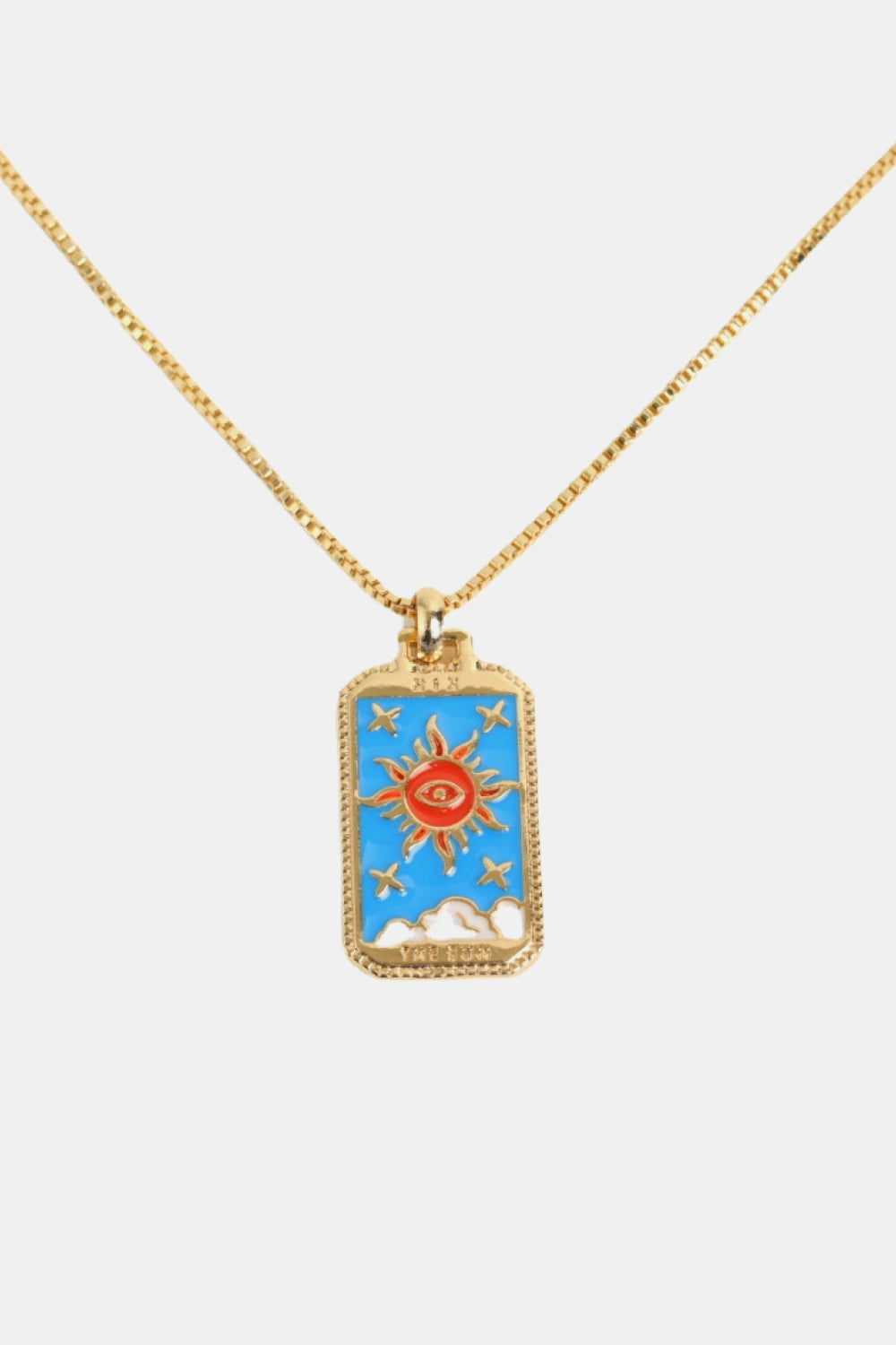 Celestial tarot pendant necklace with sun and clouds design, gold chain