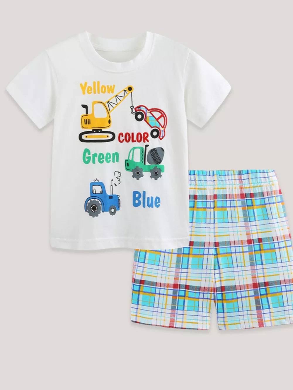 White cotton tee with construction vehicles and colorful plaid shorts.