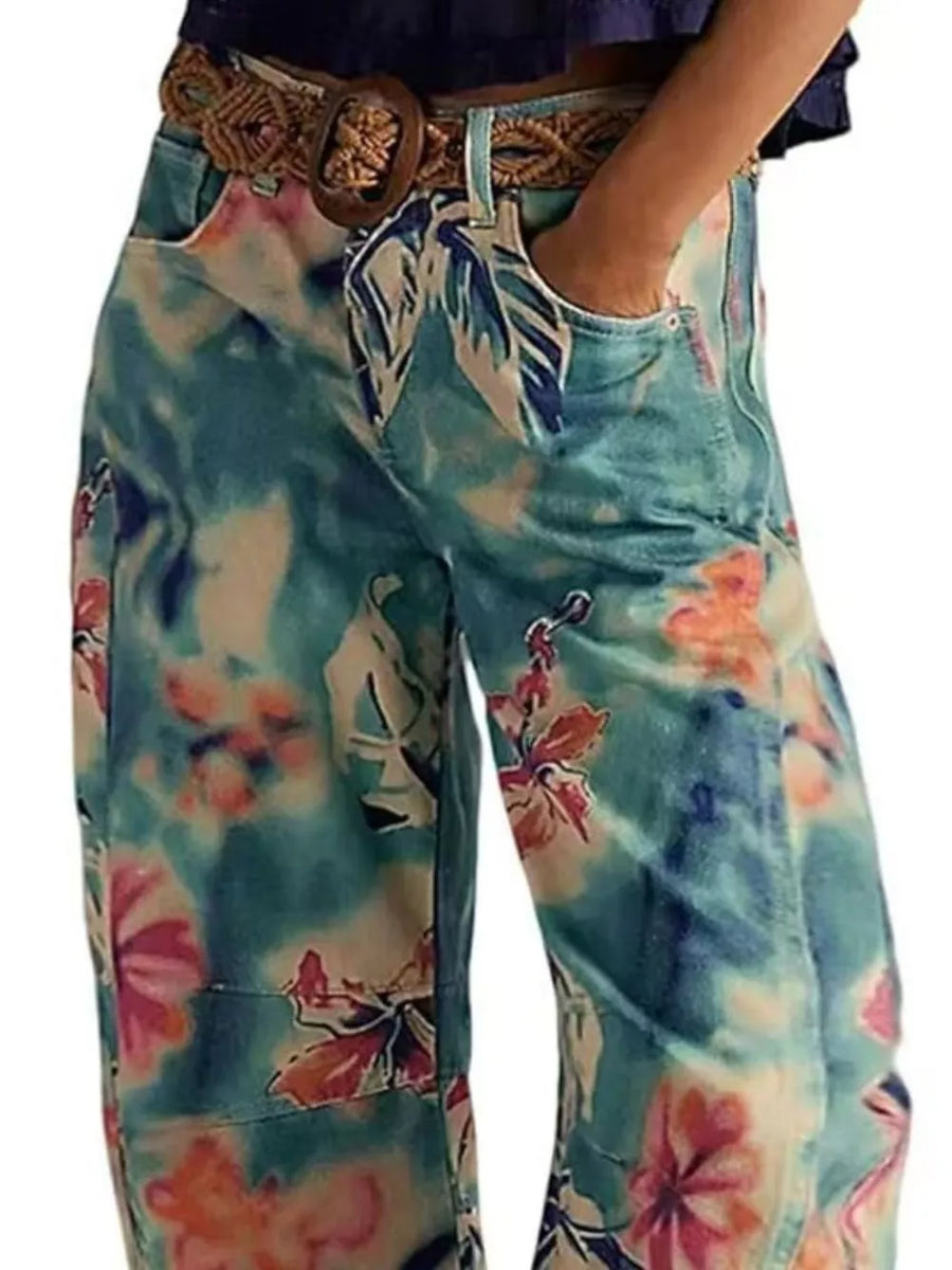 Plaid wide-leg jeans with button-front and paisley