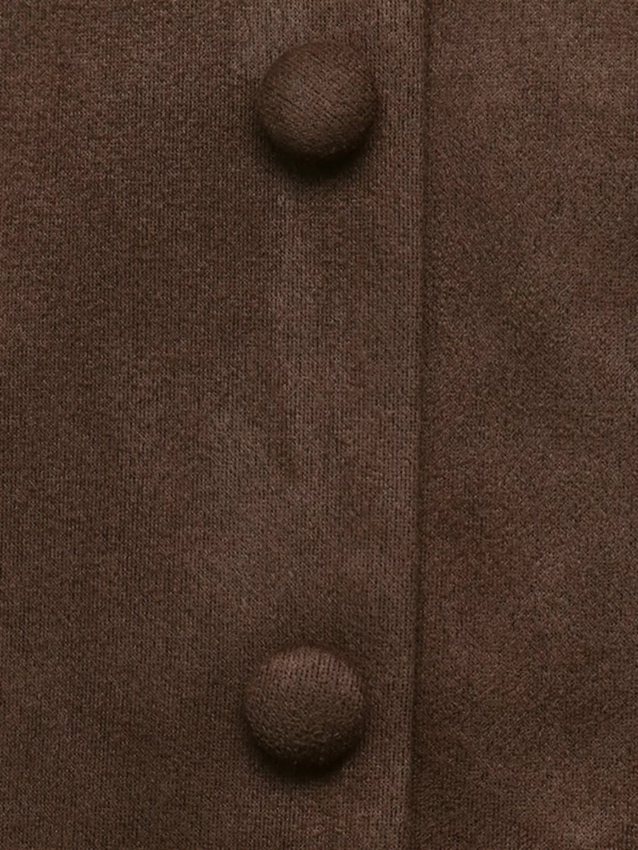 Button-front Long Sleeve Blazer Dress in chocolate brown with buttoned