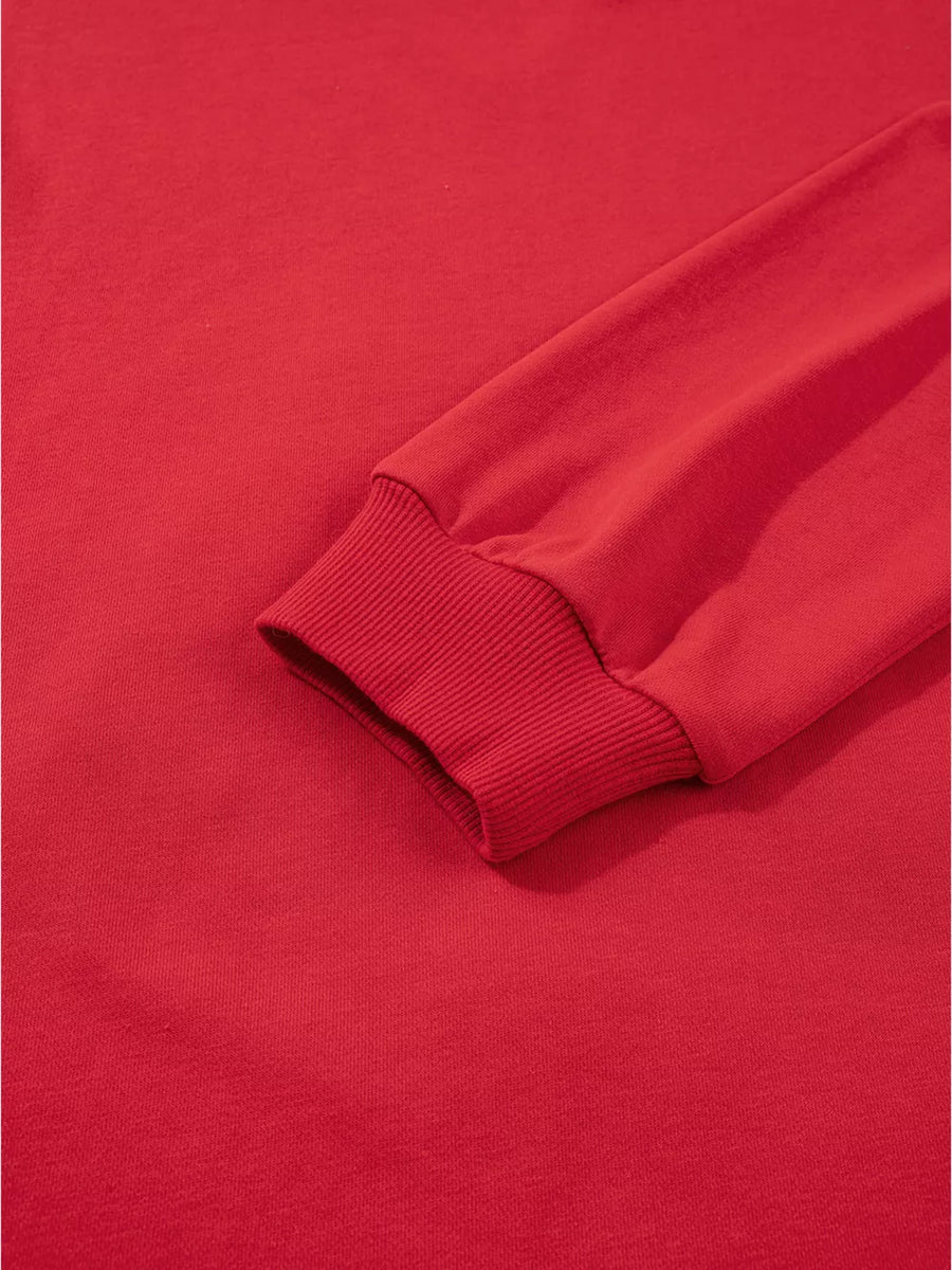 Red cotton sweatshirt with ribbed cuffs and hem detail.