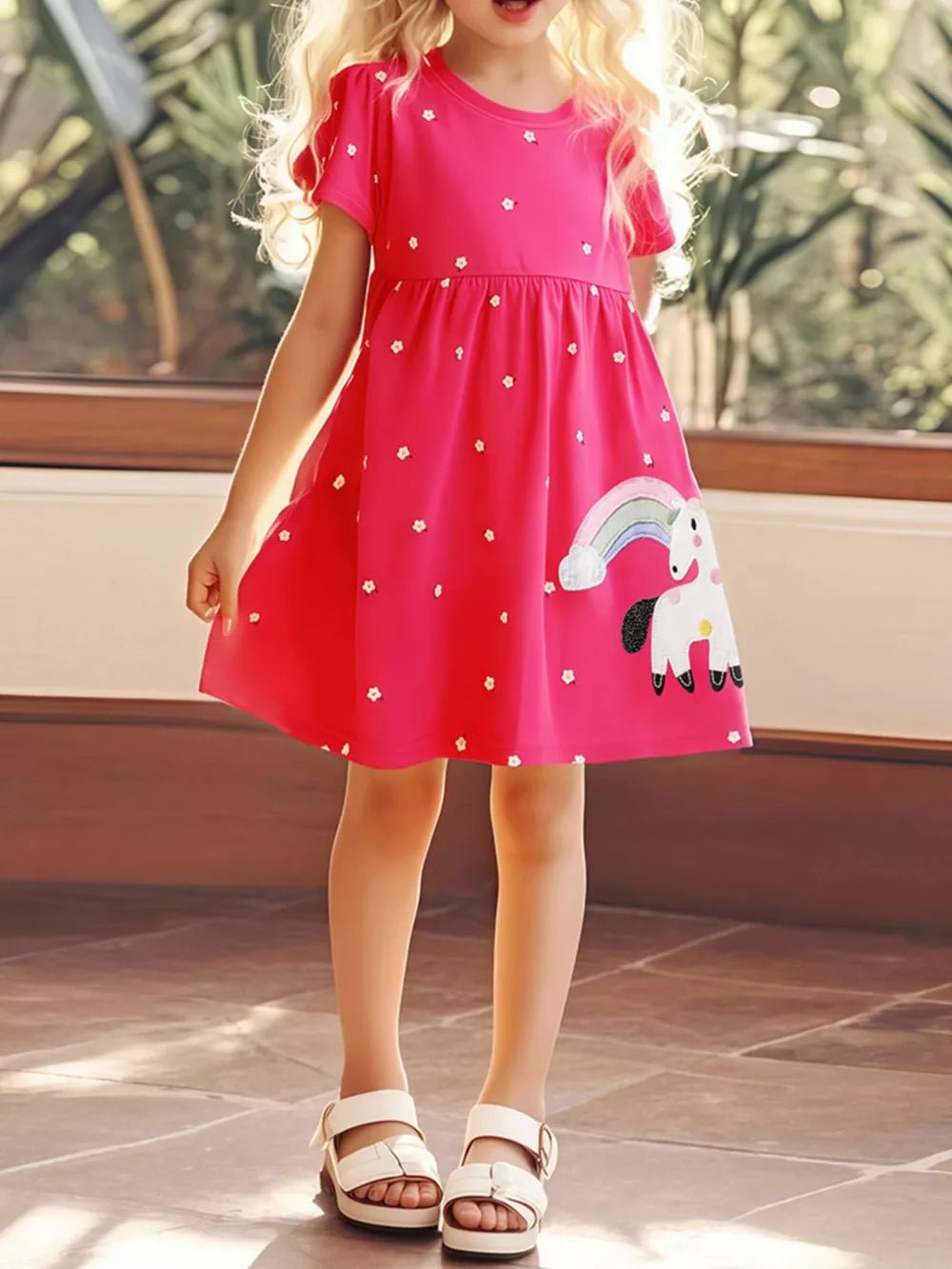 Pink cotton A-line toddler dress with embroidered unicorn and rainbow graphic.