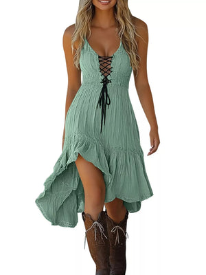 Lace-up Front High-low Ruffle Hem Dress in Rose Red with lace-up