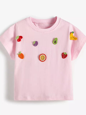 Pink cotton t-shirt with colorful fruit appliques, crew neck, short sleeves.