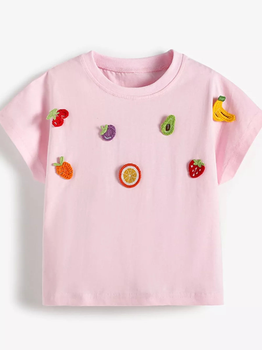 Pink cotton t-shirt with colorful fruit appliques, crew neck, short sleeves.