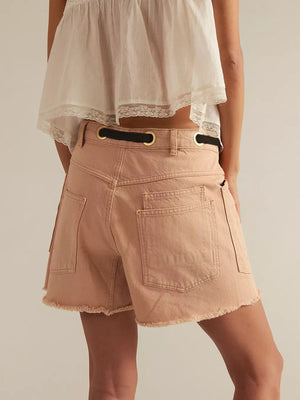 Drawstring Raw Hem Denim Shorts in Dark Blue with raw hem
