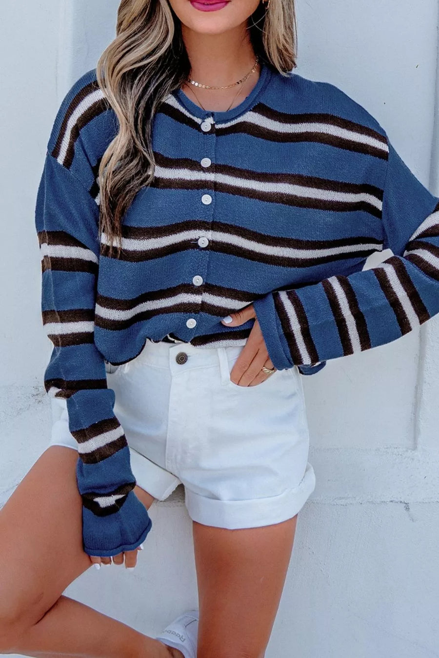Striped Drop Shoulder Button Cardigan option 5