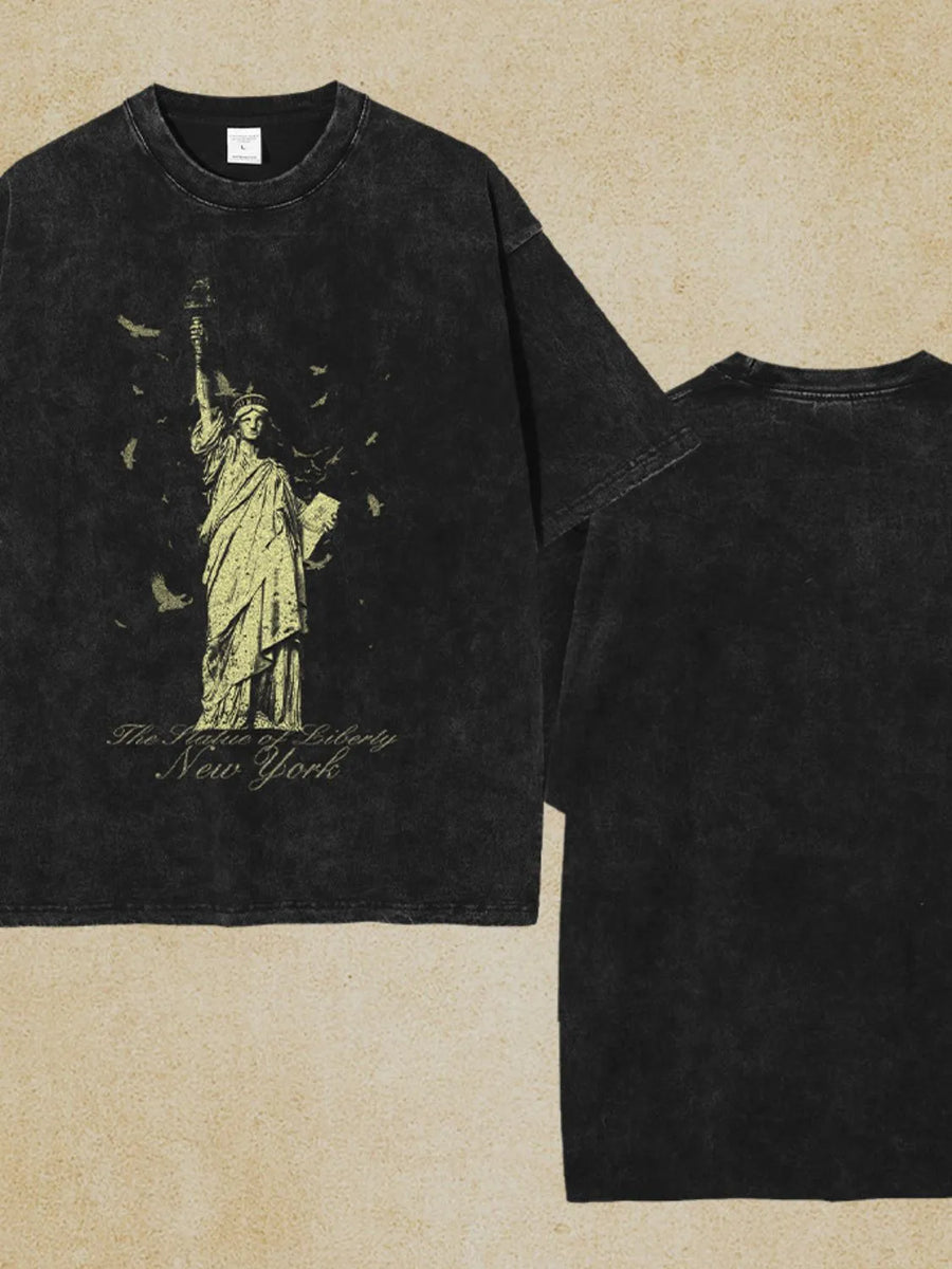 Black vintage wash t-shirt with Statue of Liberty graphic and New York text