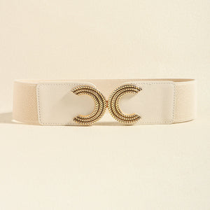 Ivory stretch waist belt with double C gold buckle detail