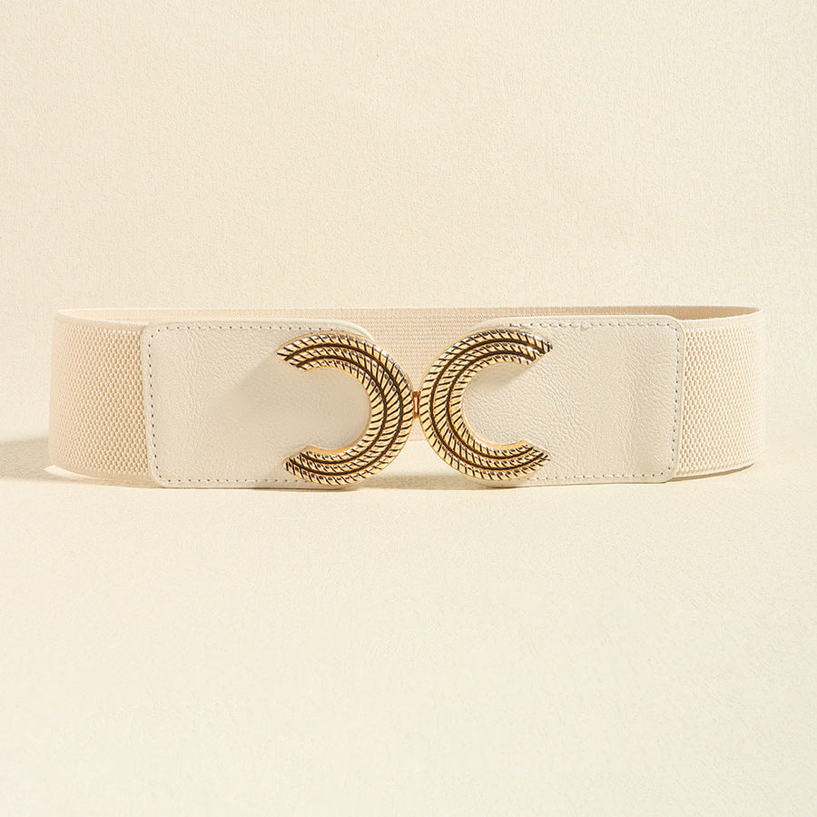 Ivory stretch waist belt with double C gold buckle detail