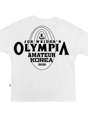 White oversized graphic tee with Olympia Amateur Korea 2020 print
