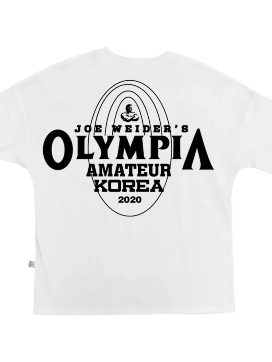 White oversized graphic tee with Olympia Amateur Korea 2020 print